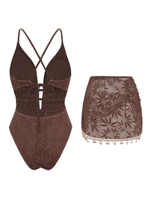 Swim Oasis Women's Solid Color Spaghetti Strap Front Shell Chain Decor Skirt Two Pieces Swimsuit - Coffee Brown - View 4