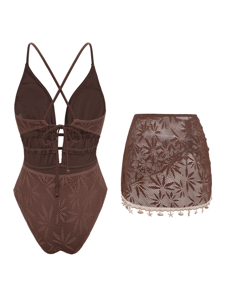 Swim Oasis Women's Solid Color Spaghetti Strap Front Shell Chain Decor Skirt Two Pieces Swimsuit - Coffee Brown - View 4