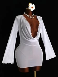 SHEIN Swim 1件装女士白色网纱透视深V领宽松连体裤，性感长袖沙滩罩衫，时尚休闲春夏度假旅行派对必备单品，适合海滩拍照和外出游玩 - 白色 - 查看 5