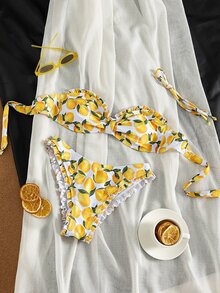 Swim Mod 甜美活力风女士比基尼两件套，白色和黄色柠檬印花，挂脖系带荷叶边，带衬垫罩杯，高腰泳裤，甜美活力风，适合春季复活节海滩泳池派对假日穿着。 - 黃色 - 查看 2