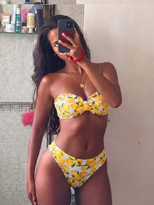 Swim Mod 甜美活力风女士比基尼两件套，白色和黄色柠檬印花，挂脖系带荷叶边，带衬垫罩杯，高腰泳裤，甜美活力风，适合春季复活节海滩泳池派对假日穿着。 - 黃色 - 查看 3