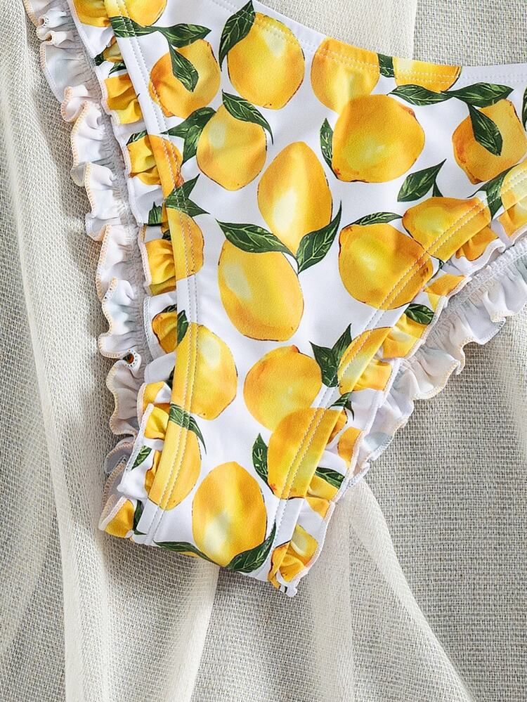 Swim Mod Women's Bikini 2-Piece Set,Cute White & Yellow Lemon Print Halter Tie Ruffle Trim Padded High Waist Bottoms,Summer Holiday Pool Party Sweet Style - Yellow - View 6