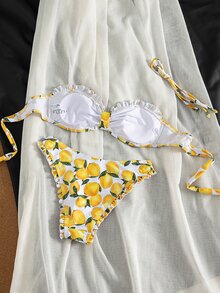 Swim Mod 甜美活力风女士比基尼两件套，白色和黄色柠檬印花，挂脖系带荷叶边，带衬垫罩杯，高腰泳裤，甜美活力风，适合春季复活节海滩泳池派对假日穿着。 - 黃色 - 查看 5