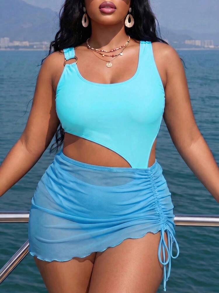 Slaydiva Plus Size Women Summer Hollow Ring One-Piece Swimsuit And Beach Skirt Light Blue Sexy Greek Goddess - Blue - View 1