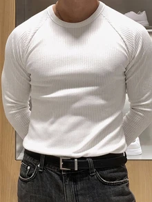 DAZY 男士白色短袖高彈力羅紋布修身版型T恤 秋季 - 白色 - 查看 6