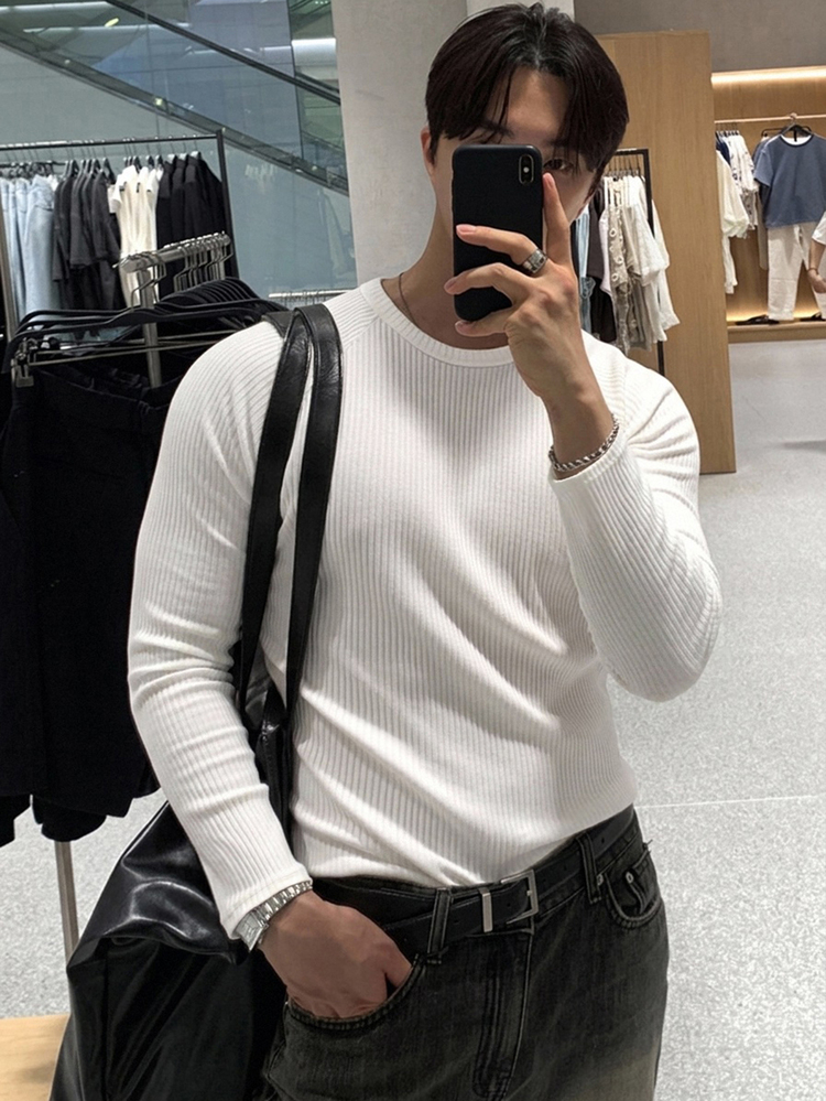 DAZY Kortärmad slim fit vit herrt-shirt i högelastiskt ribbat tyg för hösten - Vitt - Visa 4