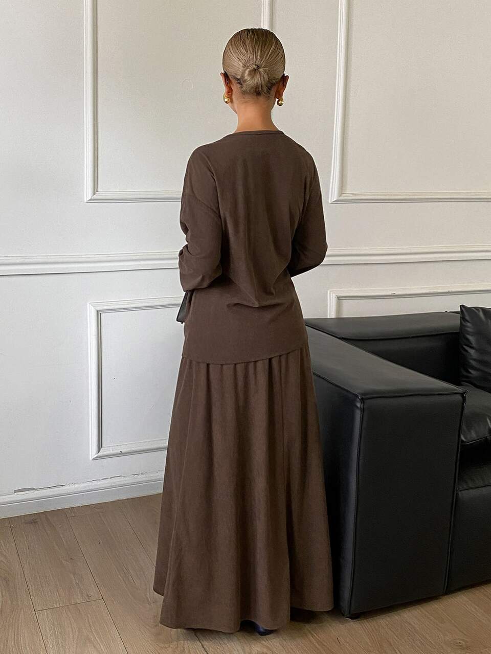 Solid Color Loose Asymmetrical Tie Long Sleeve V-Neck Corduroy Jacket & Elastic Waist Umbrella Skirt Casual Vacation Spring Autumn 2-Piece Set For Women