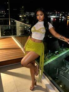 Slaydiva Women's Sexy Semi-Sheer Knitted Two-Piece Set With Contrast Lace Short Sleeve Top And Mini Skirt In Grey Olive Green Night Out Party Summer - Green - View 4