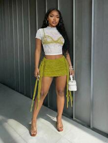 Slaydiva Women's Sexy Semi-Sheer Knitted Two-Piece Set With Contrast Lace Short Sleeve Top And Mini Skirt In Grey Olive Green Night Out Party Summer - Green - View 5