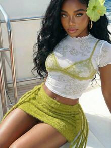 Slaydiva Women's Sexy Semi-Sheer Knitted Two-Piece Set With Contrast Lace Short Sleeve Top And Mini Skirt In Grey Olive Green Night Out Party Summer - Green - View 6