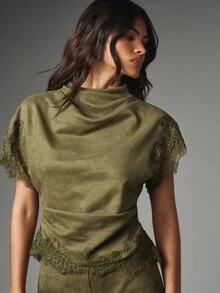 MISSGUIDED Suede Lace Trim Co-Ord Set High Neck Cap Sleeve Crop Top And Mini Shorts Two Piece Outfit Summer Party - Green - View 5