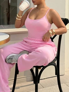 Muchica Plus Size Women Solid Color Camisole Jumpsuit And Long Pants Casual Set - Pink - View 5