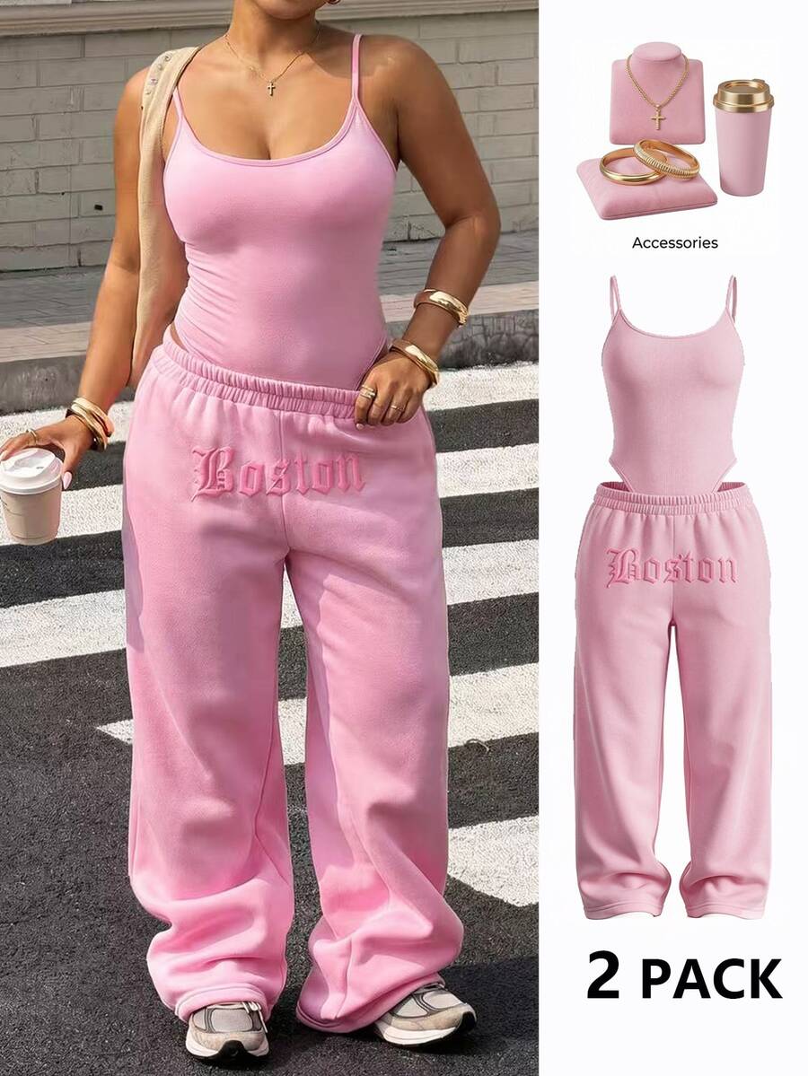 Muchica Plus Size Women Solid Color Camisole Jumpsuit And Long Pants Casual Set - Pink - View 1
