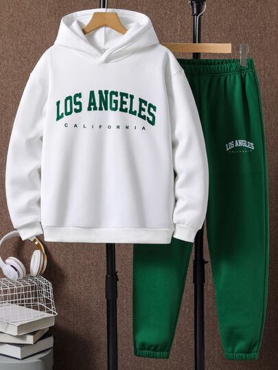 Teen Boys 2pcs/Set College Style Letter Graphic Hoodie & Drawstring Sweatpants American Retro Streetwear Preppy Daily Clothing Set