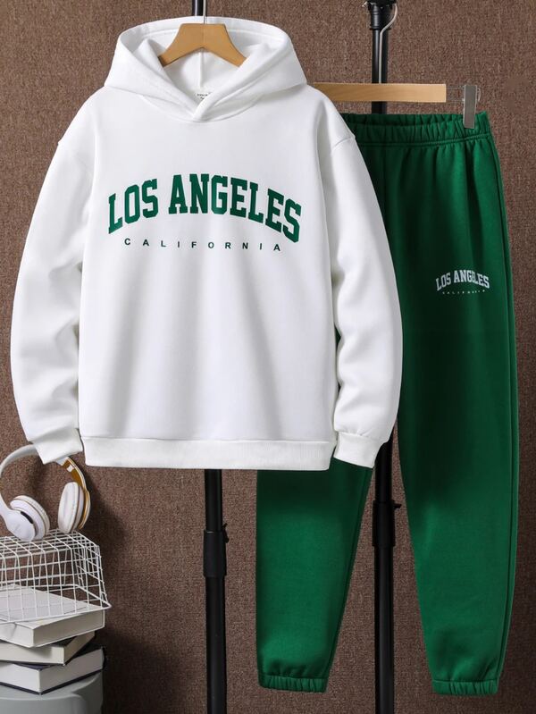 Teen Boys 2pcs/Set College Style Letter Graphic Hoodie & Drawstring Sweatpants American Retro Streetwear Preppy Daily Clothing Set