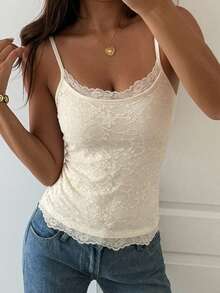 DAZY Atasan Tank Top Wanita Kasual Musim Panas, Model Slim Fit, Elastis, Warna Polos, Lapisan Dasar, Kontras Renda, Atasan Tanpa Lengan untuk Liburan - Aprikot - View 3