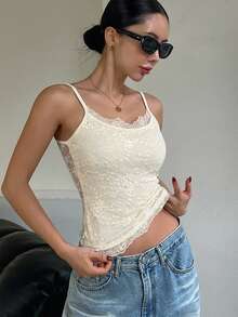 DAZY Atasan Tank Top Wanita Kasual Musim Panas, Model Slim Fit, Elastis, Warna Polos, Lapisan Dasar, Kontras Renda, Atasan Tanpa Lengan untuk Liburan - Aprikot - View 4