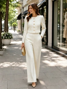 SHEIN Solid Button Front Crop Jacket & Straight Leg Pants Set - White - View 3