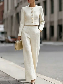 SHEIN Solid Button Front Crop Jacket & Straight Leg Pants Set - White - View 1