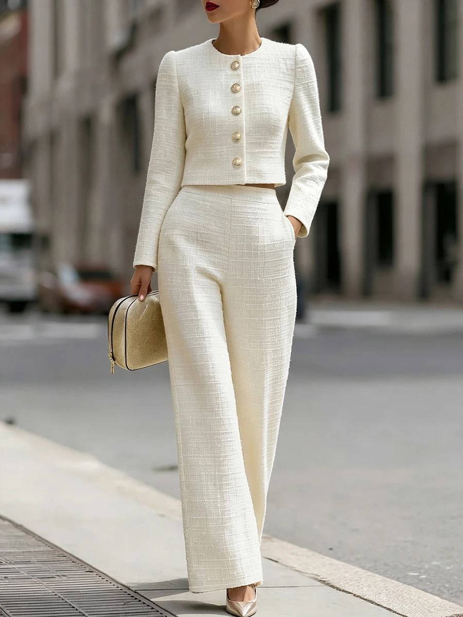 SHEIN Solid Button Front Crop Jacket & Straight Leg Pants Set - White - View 1