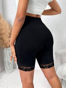 SHEIN Lady 女款素色腰部鈕扣設計休閒基本款短褲 - 黑色 - 查看 2