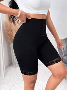 SHEIN Lady 女款素色腰部鈕扣設計休閒基本款短褲 - 黑色 - 查看 3