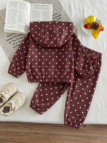 SHEIN بدلة رياضية من قطعتين للبنات باللون البني مع نقاط وردية. جاكيت بغطاء رأس بسحاب كامل وبنطال جوجر بأساور مزين بشرائط وردية وفيونكات. - قهوة بني - مشاهدة 2