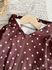 SHEIN بدلة رياضية من قطعتين للبنات باللون البني مع نقاط وردية. جاكيت بغطاء رأس بسحاب كامل وبنطال جوجر بأساور مزين بشرائط وردية وفيونكات. - قهوة بني - مشاهدة 7