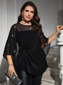 Reflora Blusa de Talla Grande con Malla de Strass Plisada y Dobladillo Asimétrico para Otoño - Negro - Ver 8