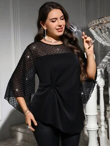 Reflora Blusa de Talla Grande con Malla de Strass Plisada y Dobladillo Asimétrico para Otoño - Negro - Ver 7