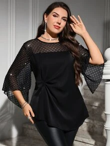 Reflora Blusa de Talla Grande con Malla de Strass Plisada y Dobladillo Asimétrico para Otoño - Negro - Ver 5