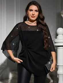 Reflora Blusa de Talla Grande con Malla de Strass Plisada y Dobladillo Asimétrico para Otoño - Negro - Ver 4