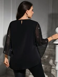 Reflora Blusa de Talla Grande con Malla de Strass Plisada y Dobladillo Asimétrico para Otoño - Negro - Ver 3