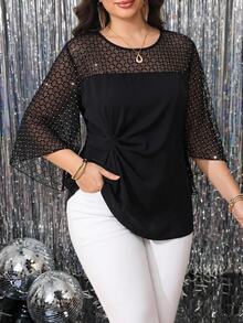 Reflora Blusa de Talla Grande con Malla de Strass Plisada y Dobladillo Asimétrico para Otoño - Negro - Ver 2