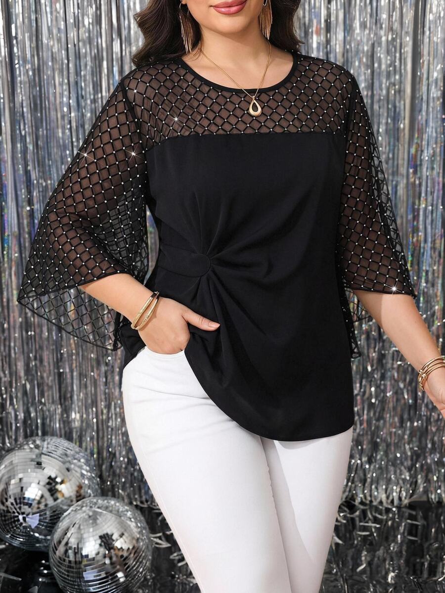 Reflora Blusa de Talla Grande con Malla de Strass Plisada y Dobladillo Asimétrico para Otoño