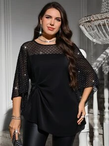 Reflora Blusa de Talla Grande con Malla de Strass Plisada y Dobladillo Asimétrico para Otoño - Negro - Ver 6