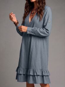Linhara CURVE Women Plus Size Long Sleeve V-Neck Ruffle Hem Dress, Casual Outing Dress, Autumn/Winter Dress Fall - Blue - View 5