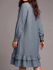 Linhara CURVE Women Plus Size Long Sleeve V-Neck Ruffle Hem Dress, Casual Outing Dress, Autumn/Winter Dress Fall - Blue - View 2