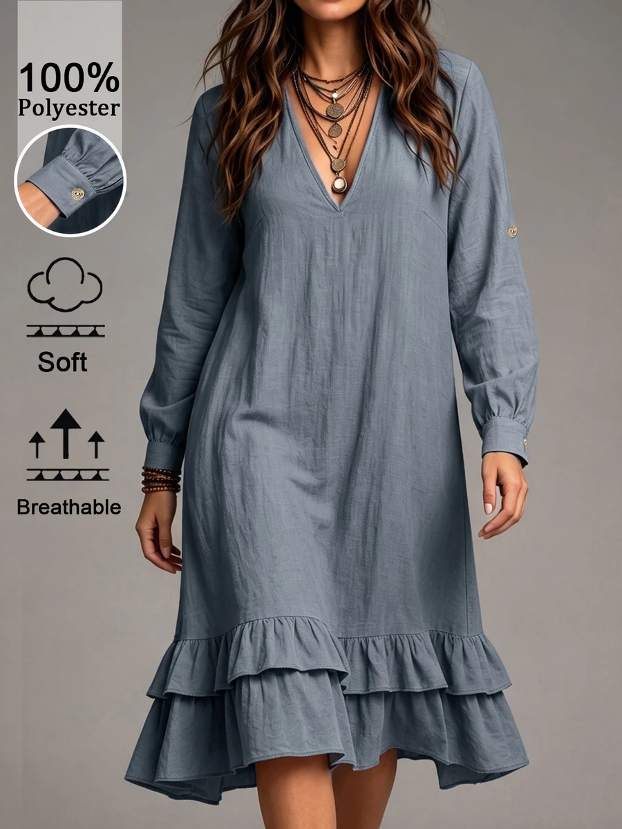 Linhara CURVE Women Plus Size Long Sleeve V-Neck Ruffle Hem Dress, Casual Outing Dress, Autumn/Winter Dress Fall - Blue - View 1