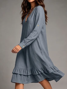 Linhara CURVE Women Plus Size Long Sleeve V-Neck Ruffle Hem Dress, Casual Outing Dress, Autumn/Winter Dress Fall - Blue - View 7