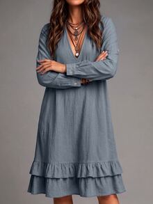 Linhara CURVE Women Plus Size Long Sleeve V-Neck Ruffle Hem Dress, Casual Outing Dress, Autumn/Winter Dress Fall - Blue - View 4
