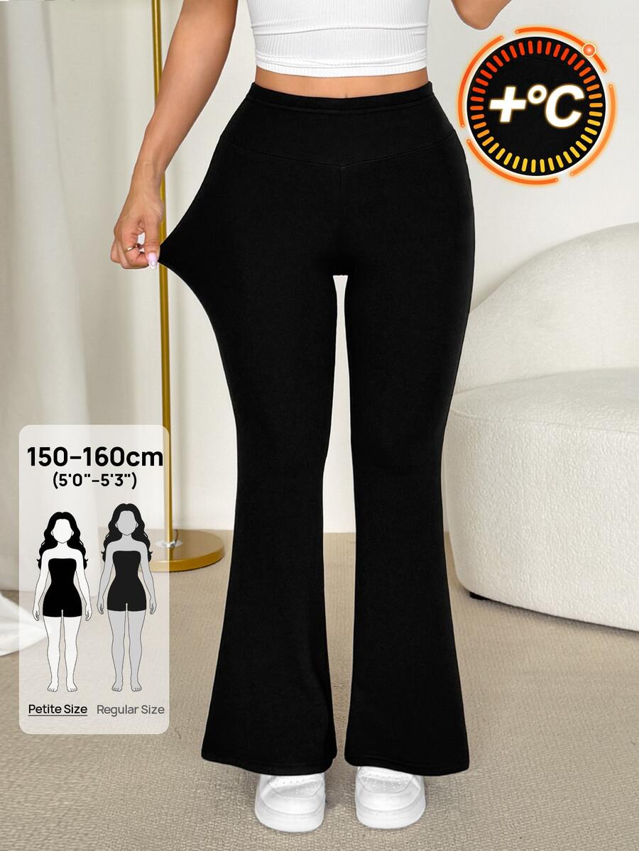 SHEIN PETITE 極簡純色高腰喇叭褲裙 - 黑色 - 查看 1