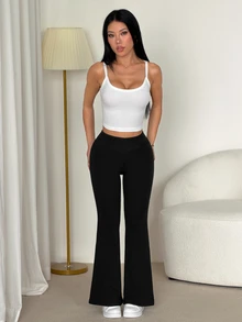SHEIN PETITE 極簡純色高腰喇叭褲裙 - 黑色 - 查看 5