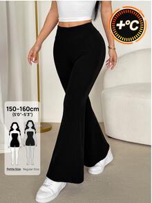 SHEIN PETITE 極簡純色高腰喇叭褲裙 - 黑色 - 查看 8