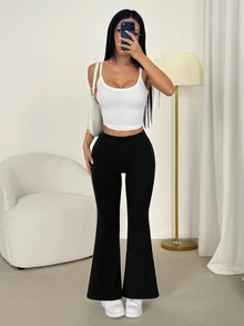 SHEIN PETITE 極簡純色高腰喇叭褲裙 - 黑色 - 查看 4