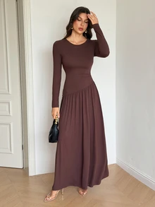 SHEIN Tall 女款極簡優雅純色百褶長袖洋裝 - 棕色 - 查看 4