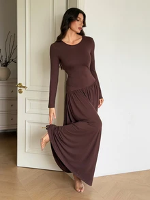SHEIN Tall 女款極簡優雅純色百褶長袖洋裝 - 棕色 - 查看 7