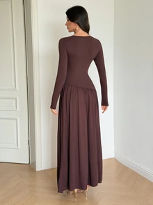 SHEIN Tall 女款極簡優雅純色百褶長袖洋裝 - 棕色 - 查看 2