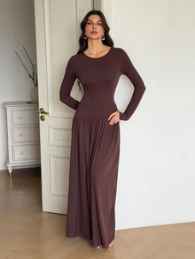 SHEIN Tall 女款極簡優雅純色百褶長袖洋裝 - 棕色 - 查看 5