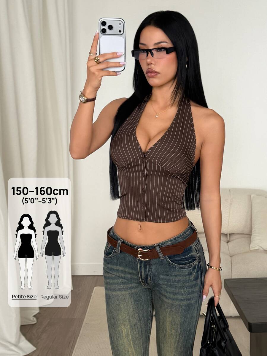 SHEIN PETITE 女款棉質條紋立領單排扣上衣 - 棕色 - 查看 1